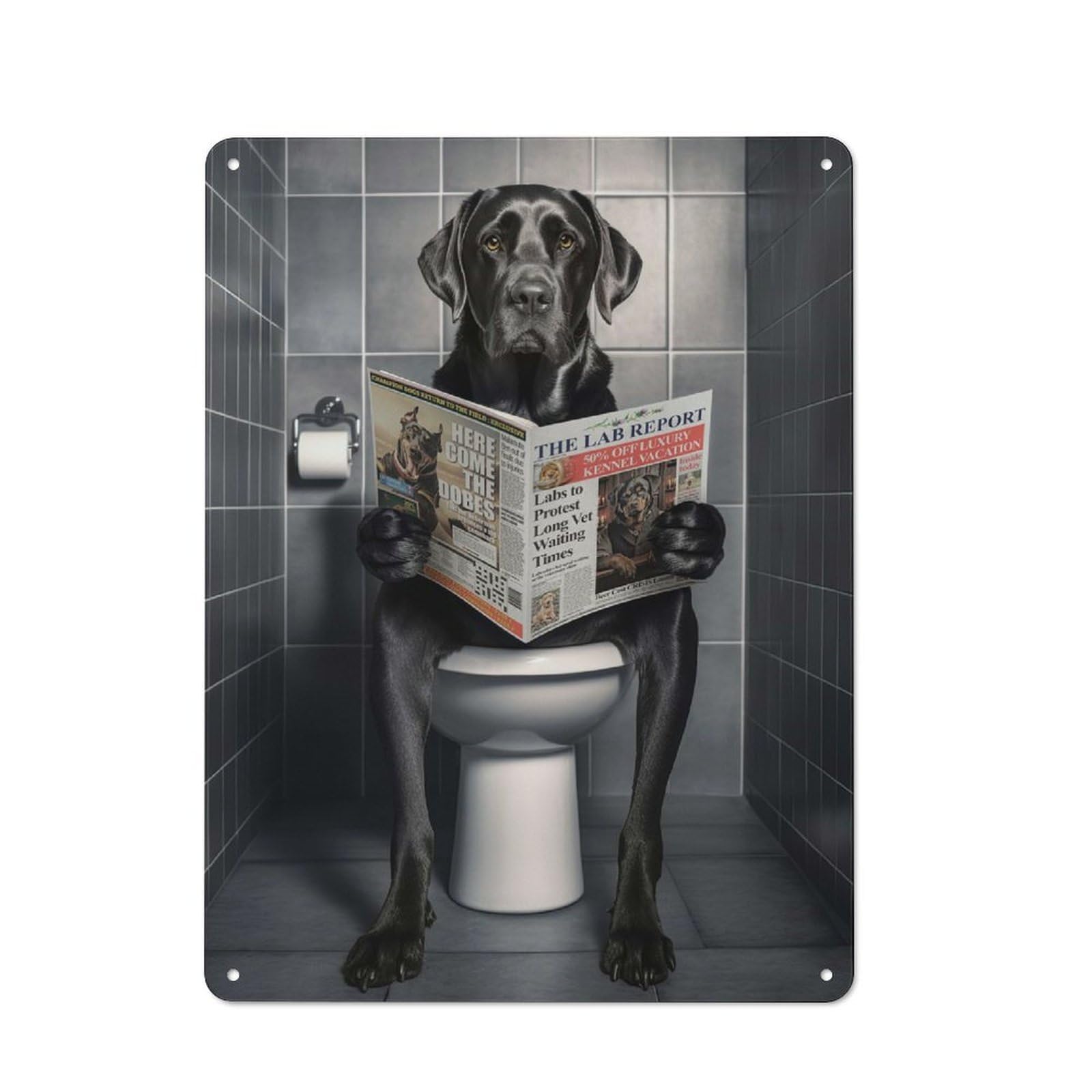 Junmoney Black Labrador On Toilet Metal Plaque 40X30cm With For Hallway Wall, Retro Decor, For Themed Interiors In Hallways And Entrance Areas