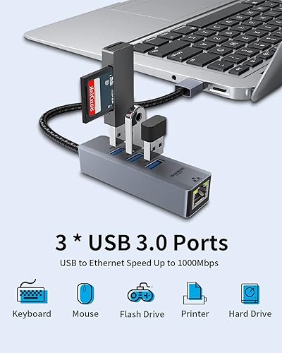 Miniatura 4 de Adaptador USB a Ethernet para computadora portátil, 4 en 1 USB3.0 a RJ45 Hub, 3* USB 3.0, Gigabit 101001000Mbps, soporte para MacBook, Surface Pro,