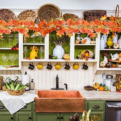CQURE 12 Pack Autumn Fall Leaf Garland , Hanging Fall Vines Maple Garland Artificial Fall Maple leaves Garland Thanksgiving Decor for Home Wedding Fireplace Party