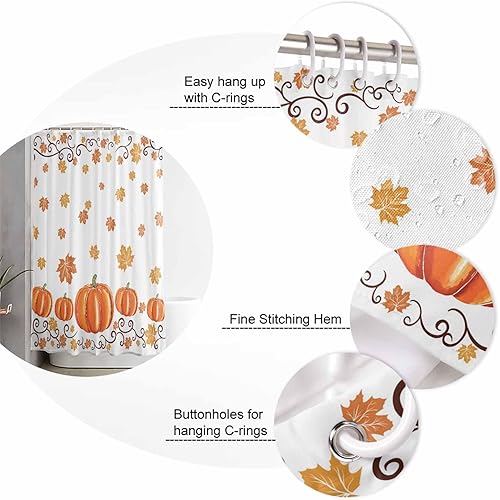 Vista 6 de Vandarllin Cortina de ducha de hojas de arce otoñal, juego de cortinas de ducha con calabazas de acuarela de Acción de Gracias con ganchos, tela