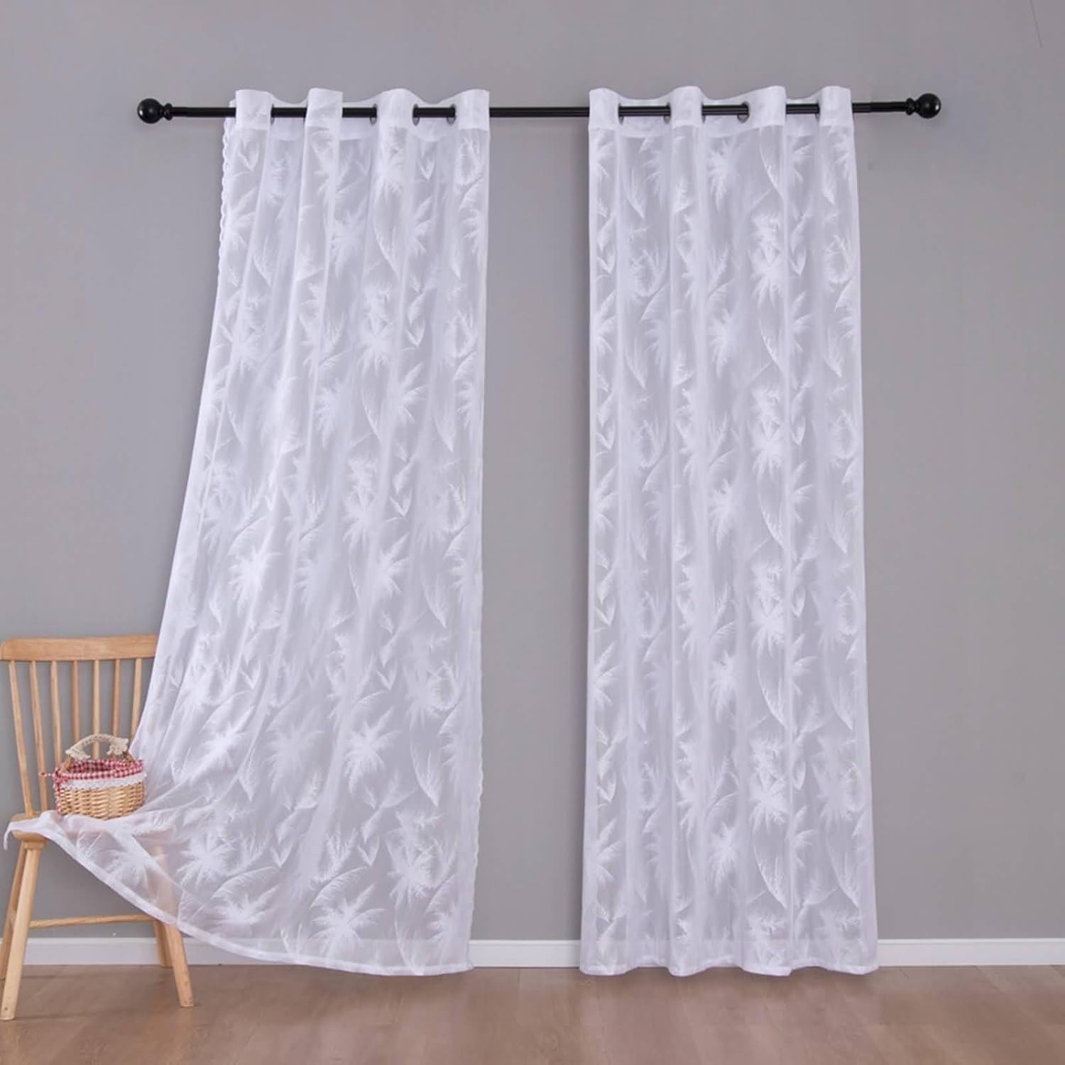 Daesar Transparent Curtains 2 Panels Set 96 Inch Length, Eyelet Tulle Curtains Jacquard Palm Trees Pattern Window Voile Panels/Drapes/Treatment for Bedroom Living Room, 55x96 Inch White