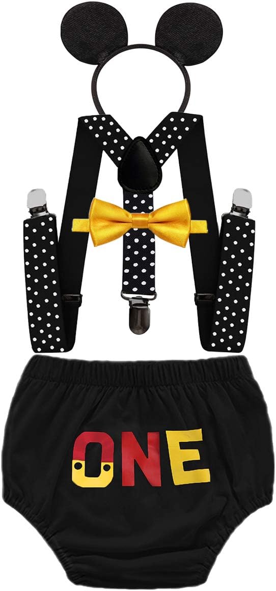 HIHCBFBaby Boys First Birthday Party Outfits Cake Smash Photo Shoot Costume ONE Bloomers Suspenders Bow Tie Headband