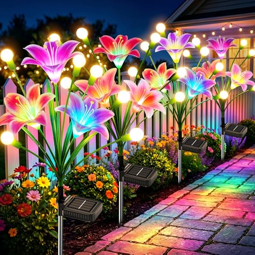BONLION Solar Garden Lights Outdoor: 4 Pack 2-in-1 Color Changing Solar Lily Flower Lights with Firefly Swaying Light Waterproof Garden Decor for Yard Patio Flowerbed Lawn Gardening Gifts for Women