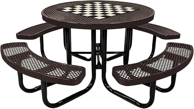 Coated Outdoor Furniture Heavy-Duty Portable Outdoor Picnic Table with Umbrella Hole, Expanded Metal Commercial-Grade Patio Dining Furniture Made in America 46" Round Game-Top, Brown