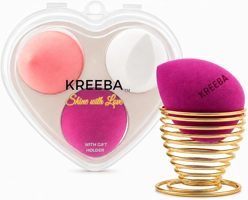 3 Pcs Precision Makeup Sponge Set with Heart Travel Case & Gold Stand - Multi-Shape Latex-Free & Vegan Sponges for Contour, Foundation & Concealer