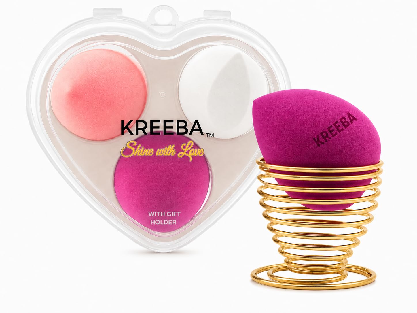 KREEBA 3 Pcs Makeup Sponge Set - The Trio of Precision: Every Angle Covered - Heart-Shaped Travel Box - Included Bonus Gold Drying Stand - Latex-Free for Face-Beauty Sponges Give Flawless Finish Vegan