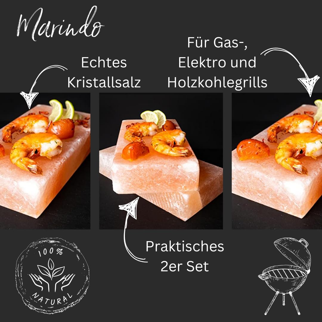 Marindo® Barbecue Pierre de sel XL | Pierre de sel pour barbecue | Lot de 2 | Extra épais : 20 x 10 x 4 cm | Sel de cristal pur | Planchette de sel | Bloc