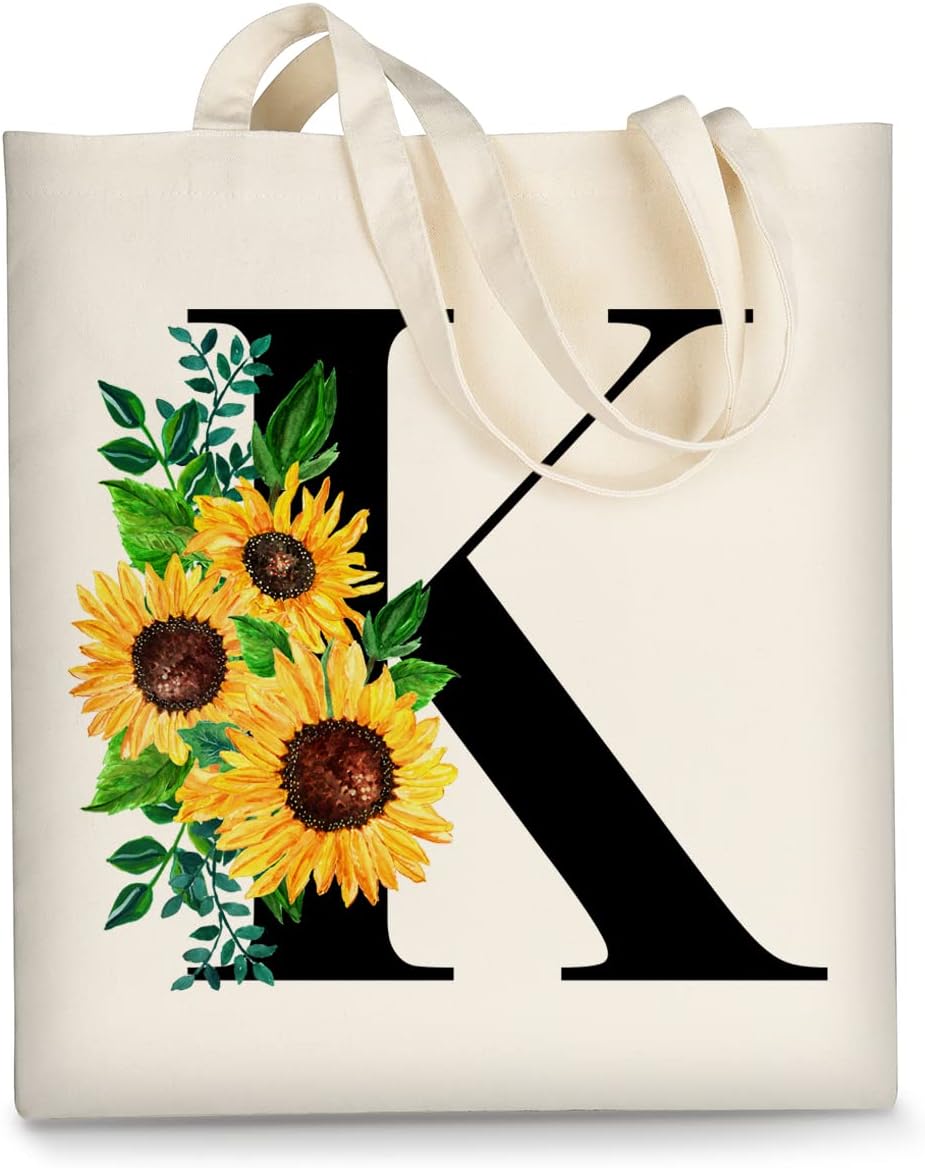 AUSVKAI Canvas Tote Bag Aesthetic for Women, Cute Sunflower Initial Trendy Monogram Personalized Initial Birthday Reusable Cotton Bags with Handle for Grocery College Shopping Beach