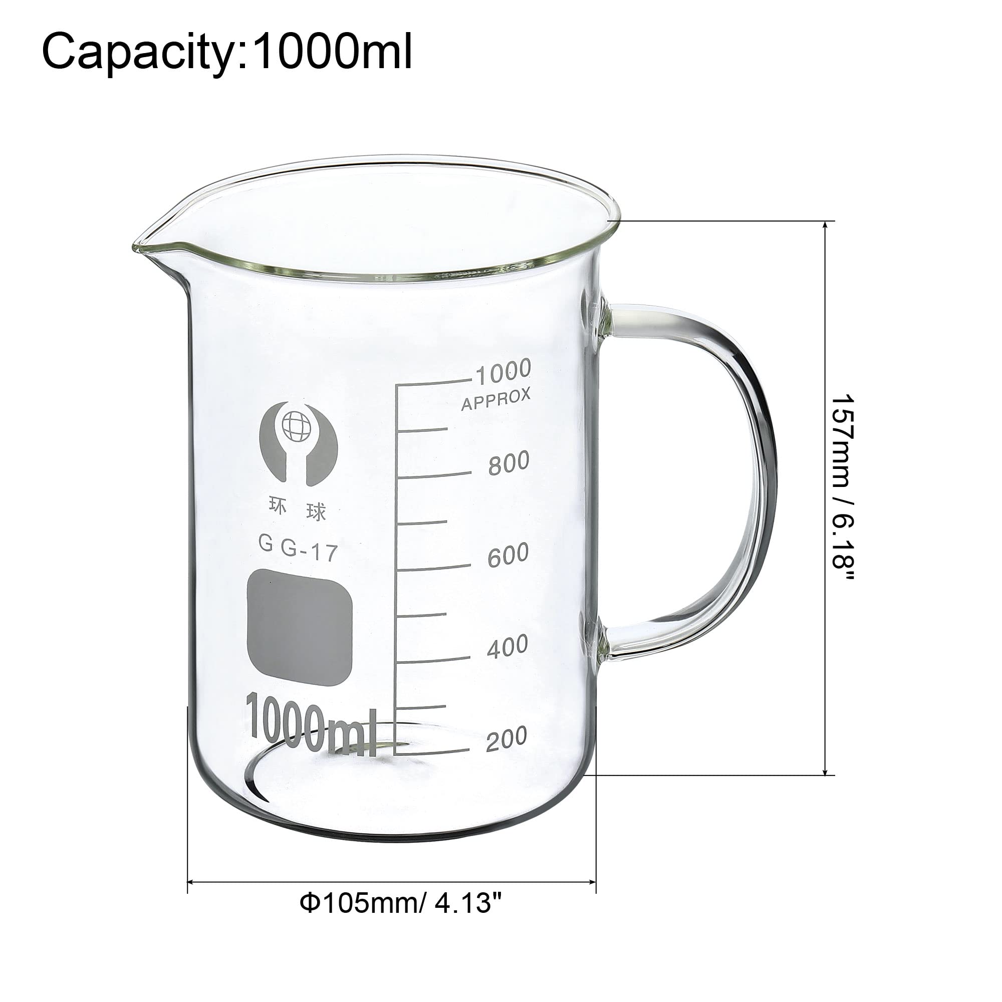 PATIKIL 1000ml Vetro Bicchiere con Manico, 3.3 Borosilicato Vetro Graduato Stampato Scale Misurini Tazze con Beccuccio per Cucina laboratorio liquidi