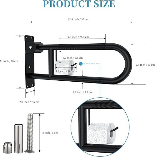 Miniatura 2 de Munzong - Barra de agarre para inodoro de 22.4 pulgadas, color negro, barras de agarre antideslizantes para discapacitados con soporte para papel,