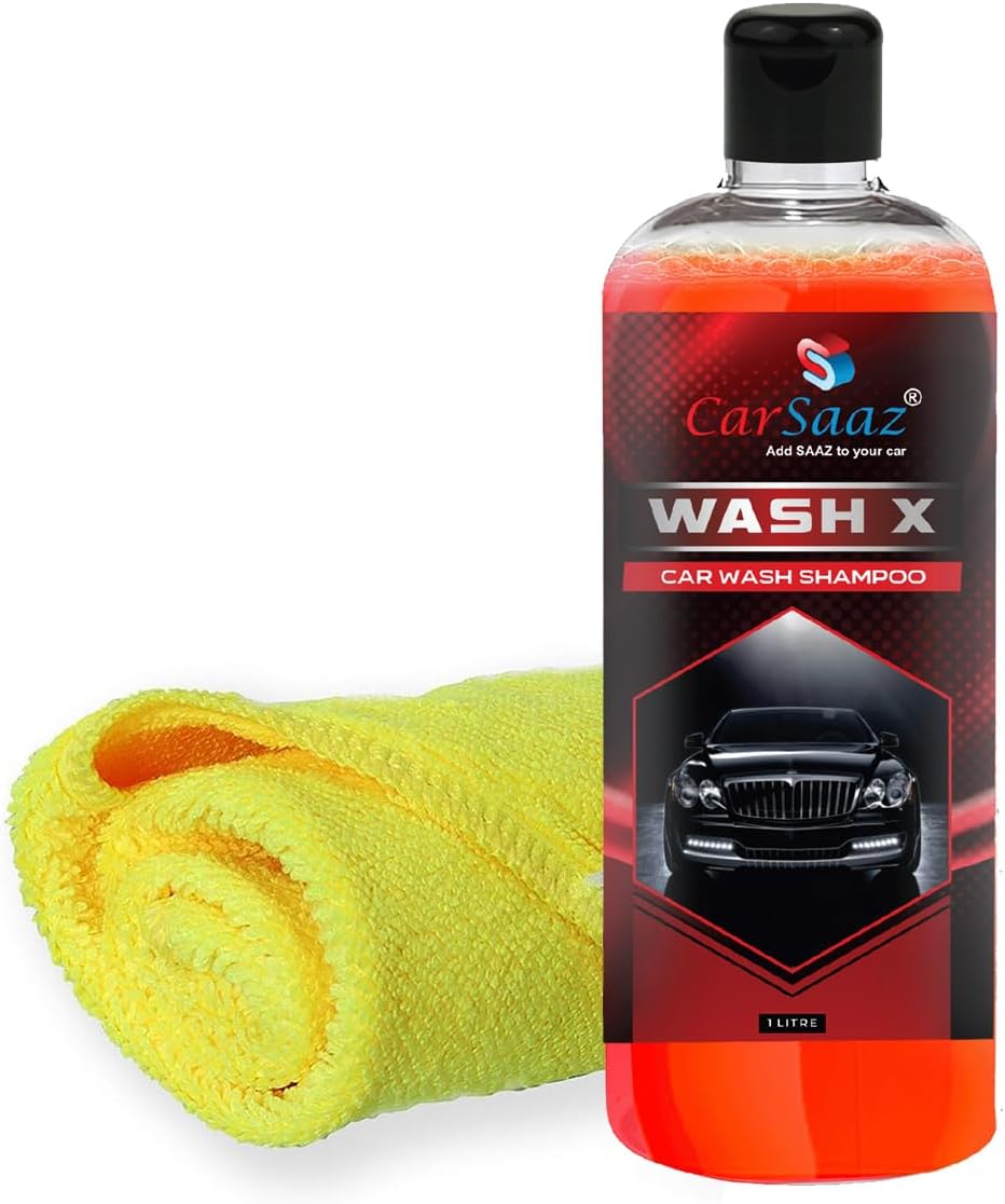 CAR SAAZ Wash X Car & Bike Wash Shampoo 1L with Microfiber Cloth 380 GSM | Premium Car Shampoo for Super Clean Wash | pH Neutral, Super Suds, Highly Effect (1000 ml) | Clean and Protect