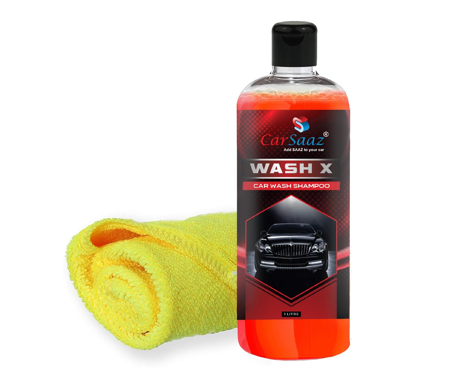CAR SAAZ Wash X Car & Bike Wash Shampoo 1L with Microfiber Cloth 380 GSM | Premium Car Shampoo for Super Clean Wash | pH Neutral, Super Suds, Highly Effect (1000 ml) | Clean and Protect