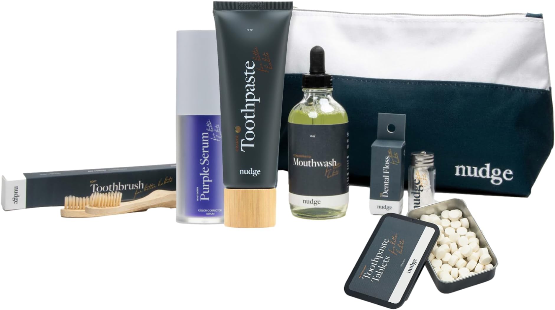Oral Care Kit: Orange n-Ha Toothpaste 4 oz, Alcohol-Free Mouthwash 4 oz, Silk Floss 30m, 2 Bamboo Toothbrushes, 62 Toothpaste Tablets, Purple Whitening Serum, Reusable Toiletry Bag