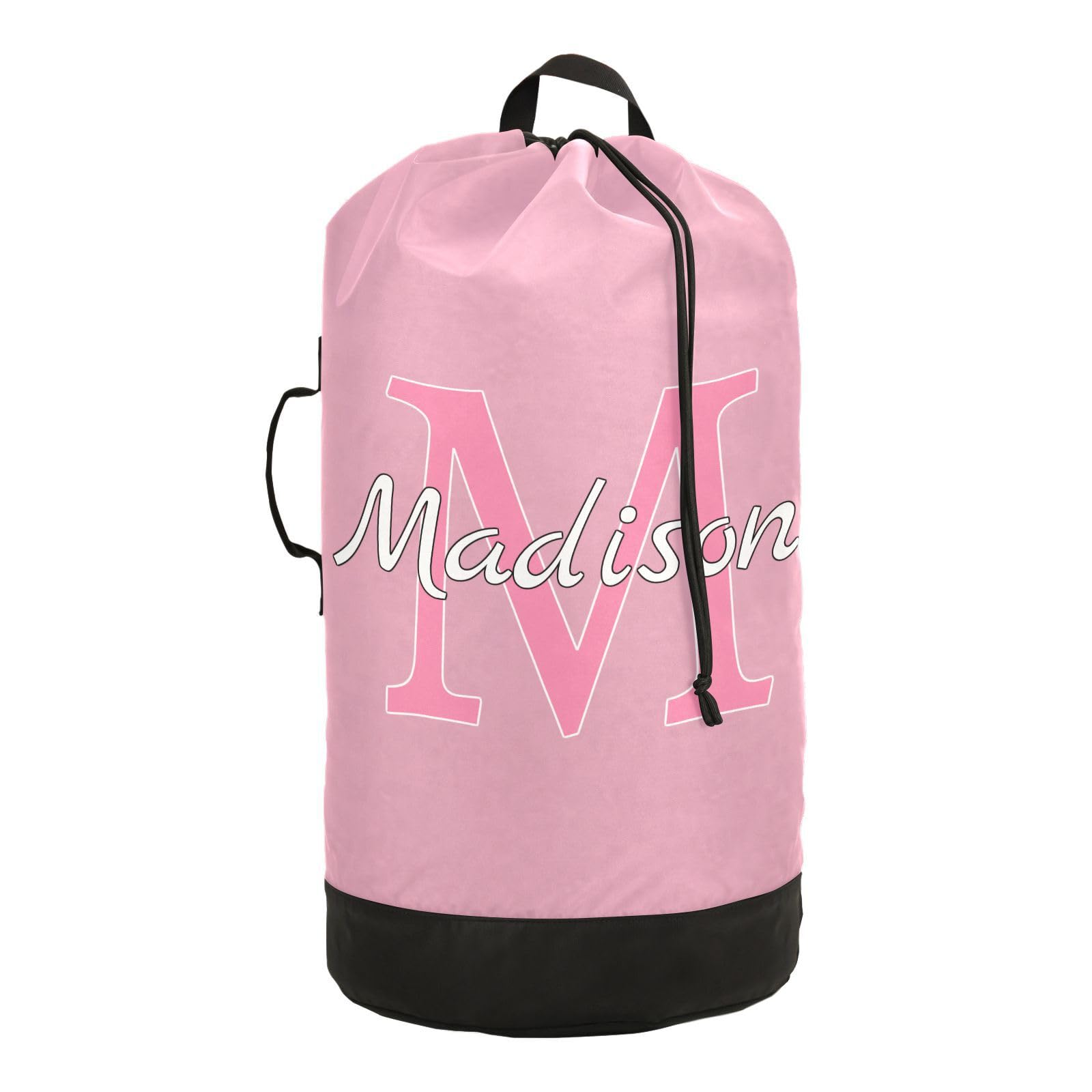 Pink Personalized Nylon Travel Laundry Bag for Luggage Custom Dirty Clothes Organizer with Drawstring Closure & Shoulder Straps Clothes Hamper Bag for