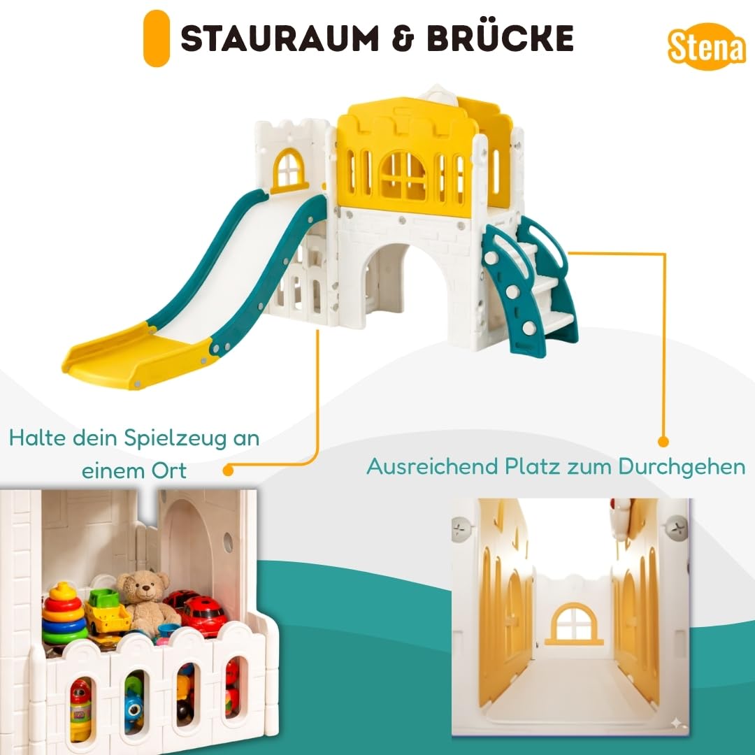 Stena Spielhaus mit Rutsche und Brücke - Basketballkorb, Ball & Spielzeug-Teleskop - Indoor & Outdoor - Spielturm - Klettergerüst für Kleinkinder