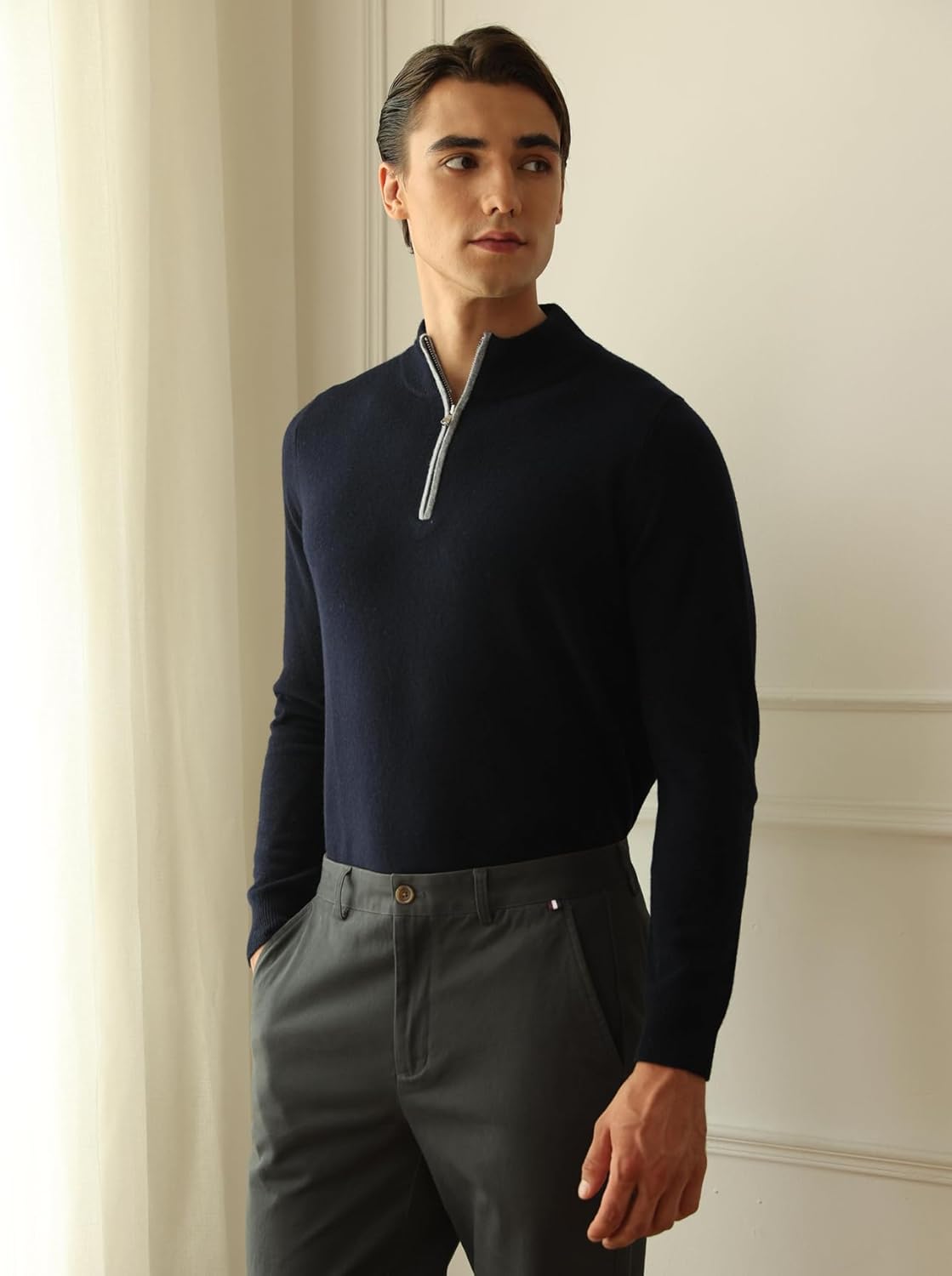 Quarter-Zip 100% Merino Wool Sweater for Men Mock Neck Pullover Contrast Trim Casual Long Sleeve Knit Tops Night Sky Size M - Image 2