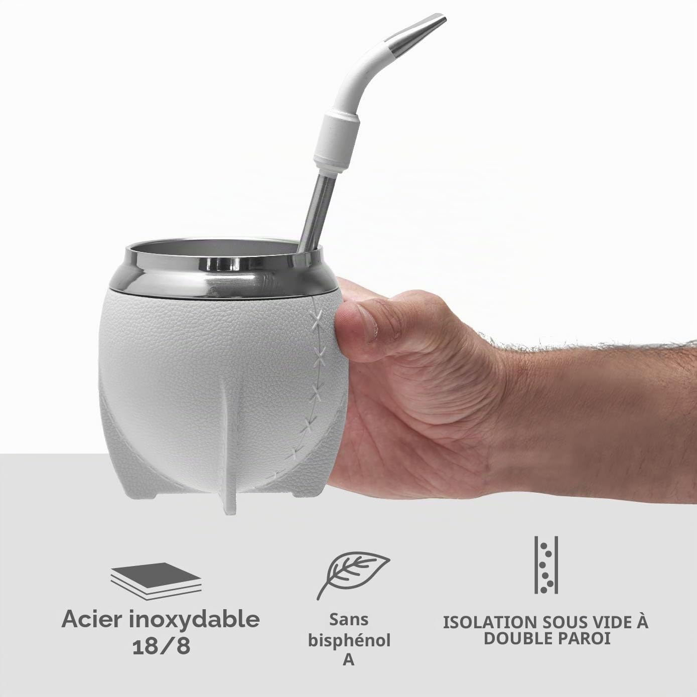 BALIBETOV Ensemble Tasse et Bombilla Yerba Mate, Comprend une Calebasse en Acier Inoxydable, une Bombilla Mate de Qualité Premium et une Brosse de Nettoyage (Blanc)