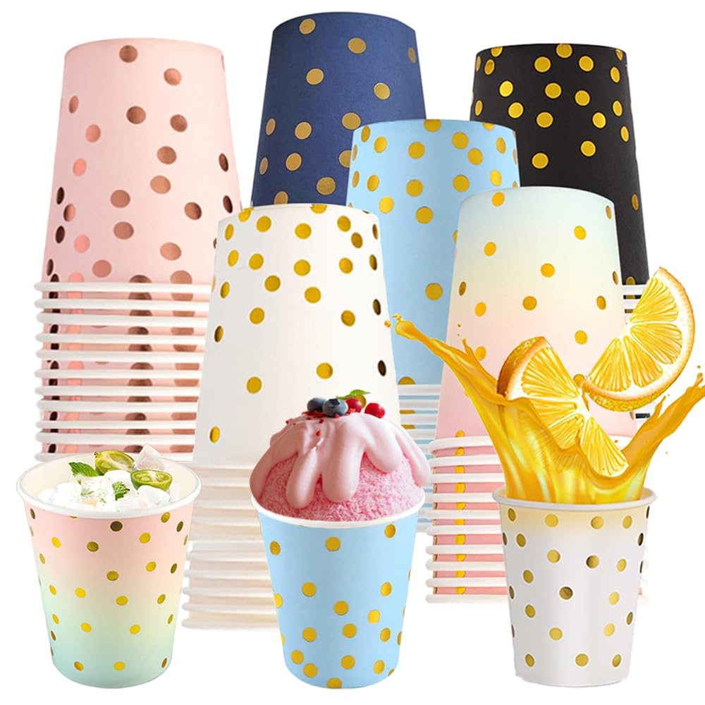 Coztie 60 Pcs 6 Colors Polka Dot Paper Cups, 9 oz/250ml Party Cups
