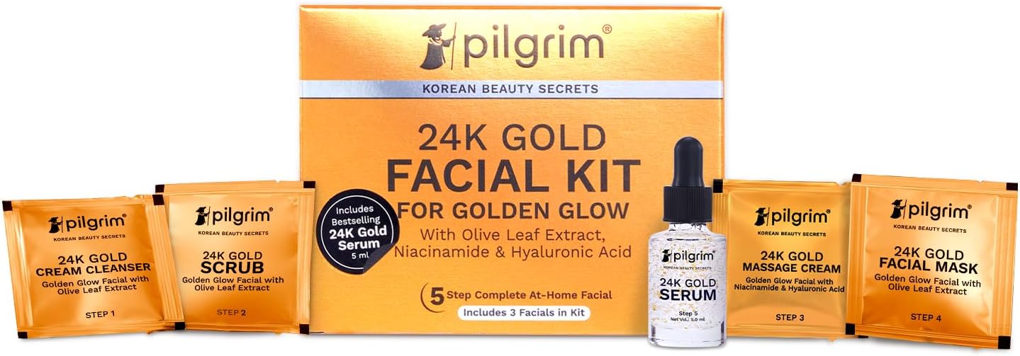 Pilgrim 24K GOLD FACIAL KIT For Instant Radiance & Golden Glow with 5 easy steps | with Gold Cream Cleanser, Gold Scrub, Gold Massage Cream, Gold Facial Mask, Gold Serum | All Skin types | 30 Gm