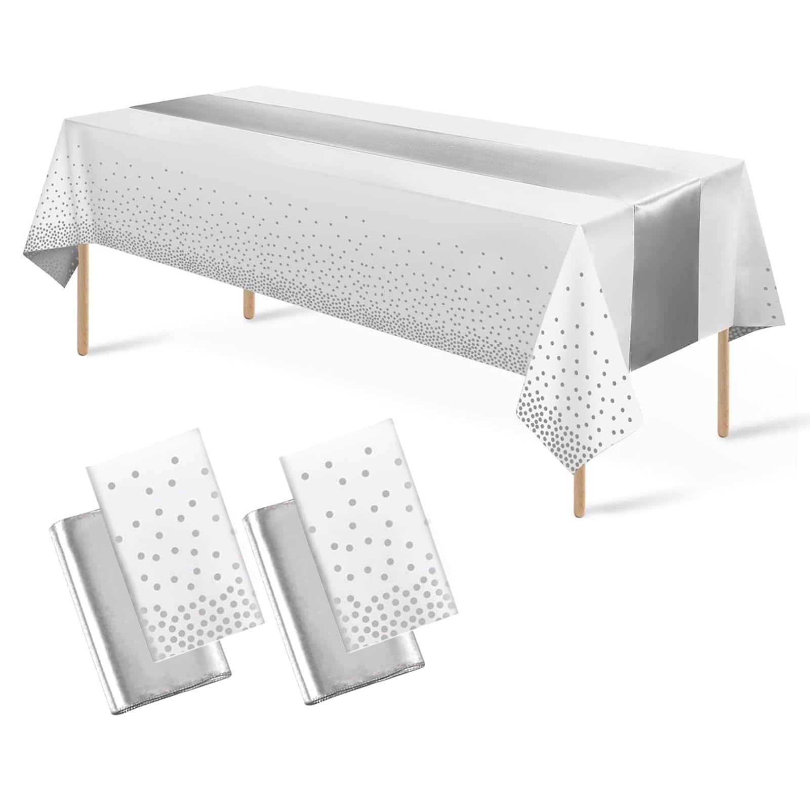 4Pack Disposable Plastic Tablecloths 137 * 274 cm and Satin Table Runner,Party Table Cloths,Gold Dot Confetti Table Cover for Birthday, Engagement, Wedding (White Silvery+Silvery Table Runner)