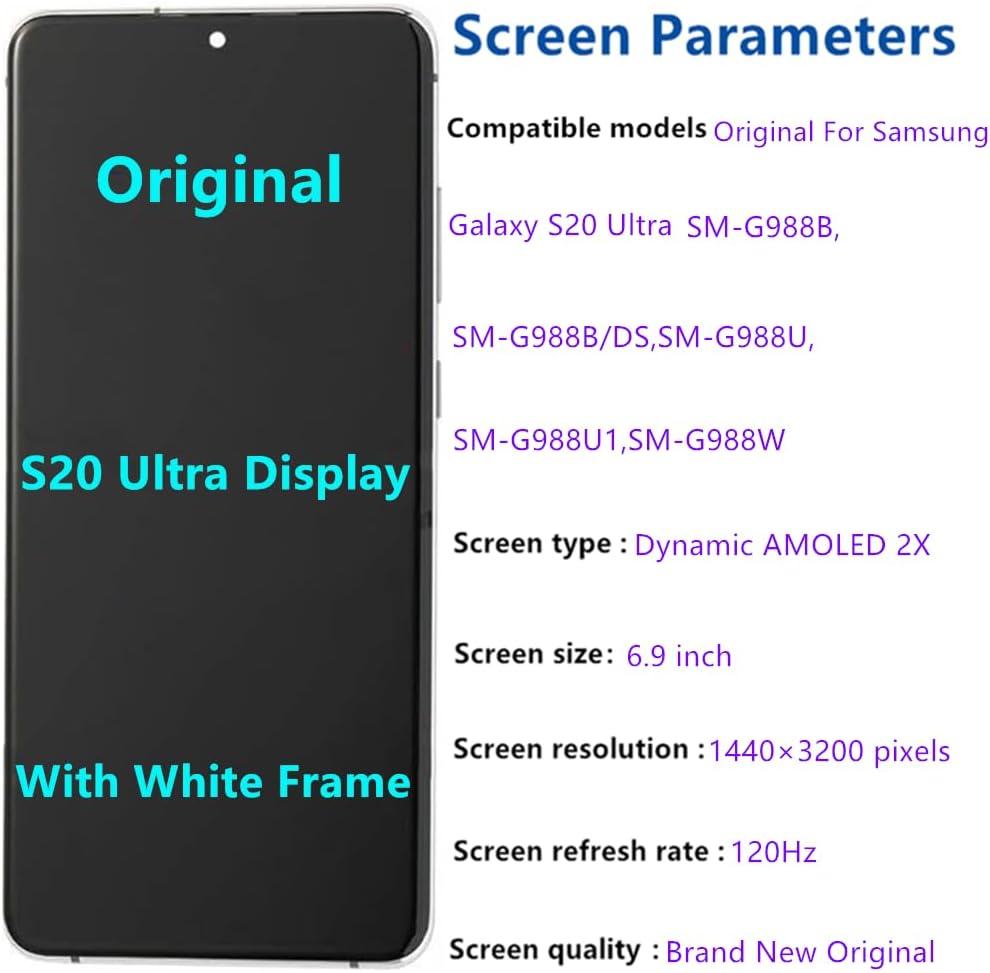 6.9" AMOLED Original for Samsung Galaxy S20 Ultra Display Touch Screen Digitizer Assembly S20Ultra 5G SM-SM-G988U SM-G988U1 SM-G988B Screen Replacement (with White Frame + Back Cove + Tools)