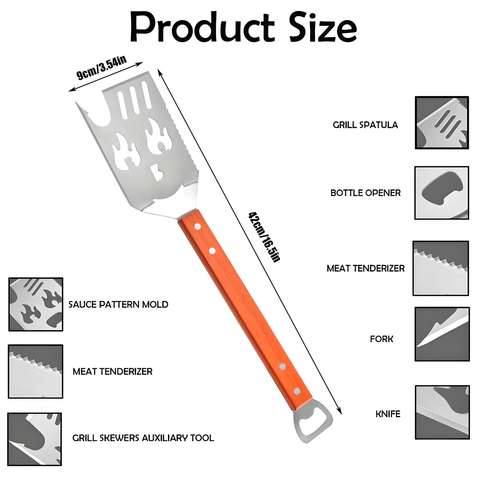 Spatola per barbecue 7 in 1 per barbecue con paletta da barbecue con design a fiamma, 42 cm, in acciaio inox, manico in legno, spatola multifunzione con apribottiglie