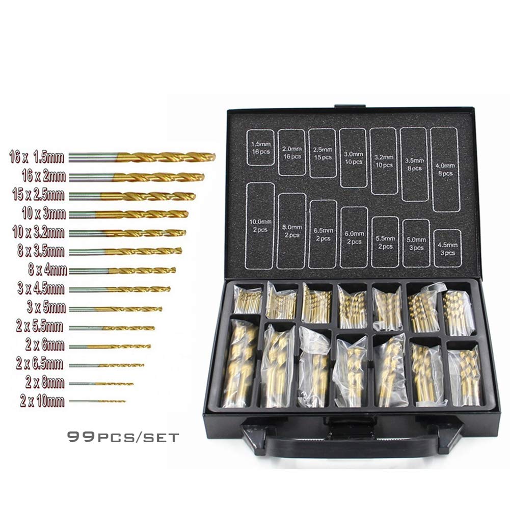 Set punte da trapano HSS, Twist Drill Bit Set Superficie rivestita in titanio Confezionamento di scatole di ferro, 1.5-10mm (99 pezzi)