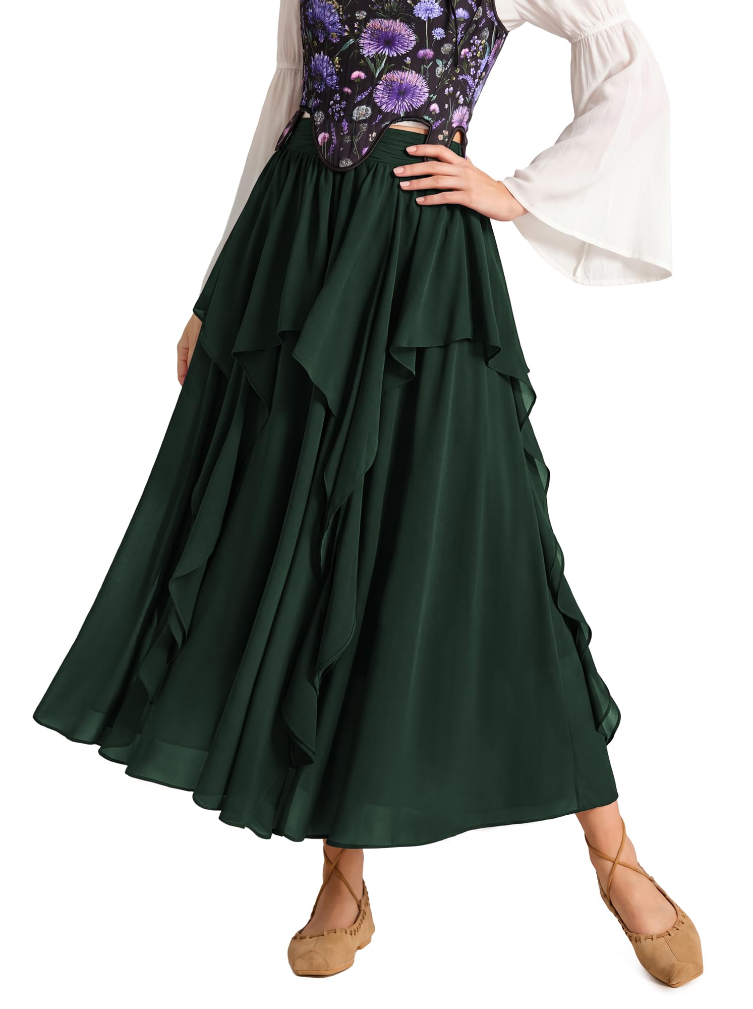 SCARLET DARKNESS Gonna lunga da donna, stile medievale, rinascimentale, con volant irregolare, vita elasticizzata