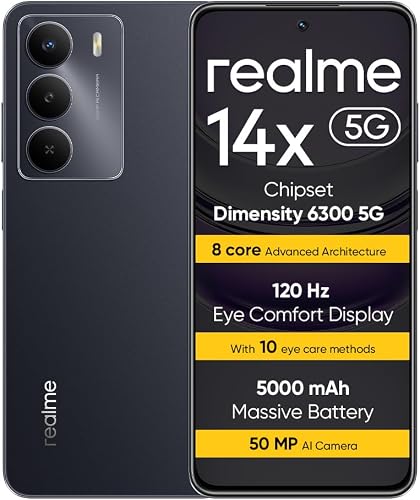 realme 14X 5G Teléfono Inteligente 6+128 GB, 5G Dimensity 6300, Pantalla de 120 Hz, Resistencia a Impactos de Nivel Militar, Cámara con IA de 50 MP, Gran batería de 5000 mAh, Negro
