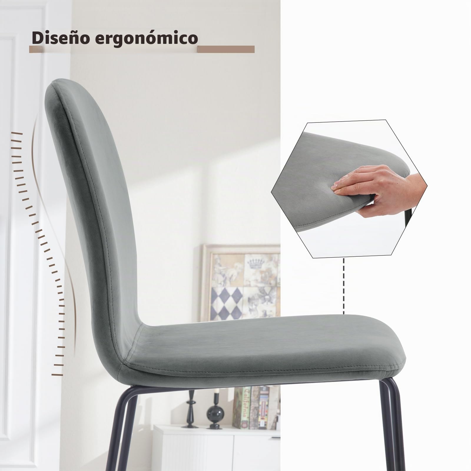 WOLTU Juego de 4 Sillas de Comedor, Terciopelo,Gris Oscuro | Salón y Dormitorio, Asiento Acolchado y Patas de Metal