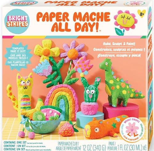 Bright Stripes Paper Mache All Day Craft Kit for Kids Ages 8+ | DIY Sculpt, Build & Paint Set with Paper Mache Clay, Templates & Paint | Creative Art Gift for Kids & Teens