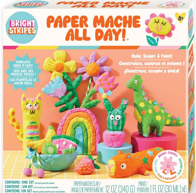 Bright Stripes Paper Mache All Day Craft Kit for Kids Ages 8+ | DIY Sculpt Build & Paint Set with Paper Mache Clay Templates & Paint | Creative Art Gift for Kids & Teens