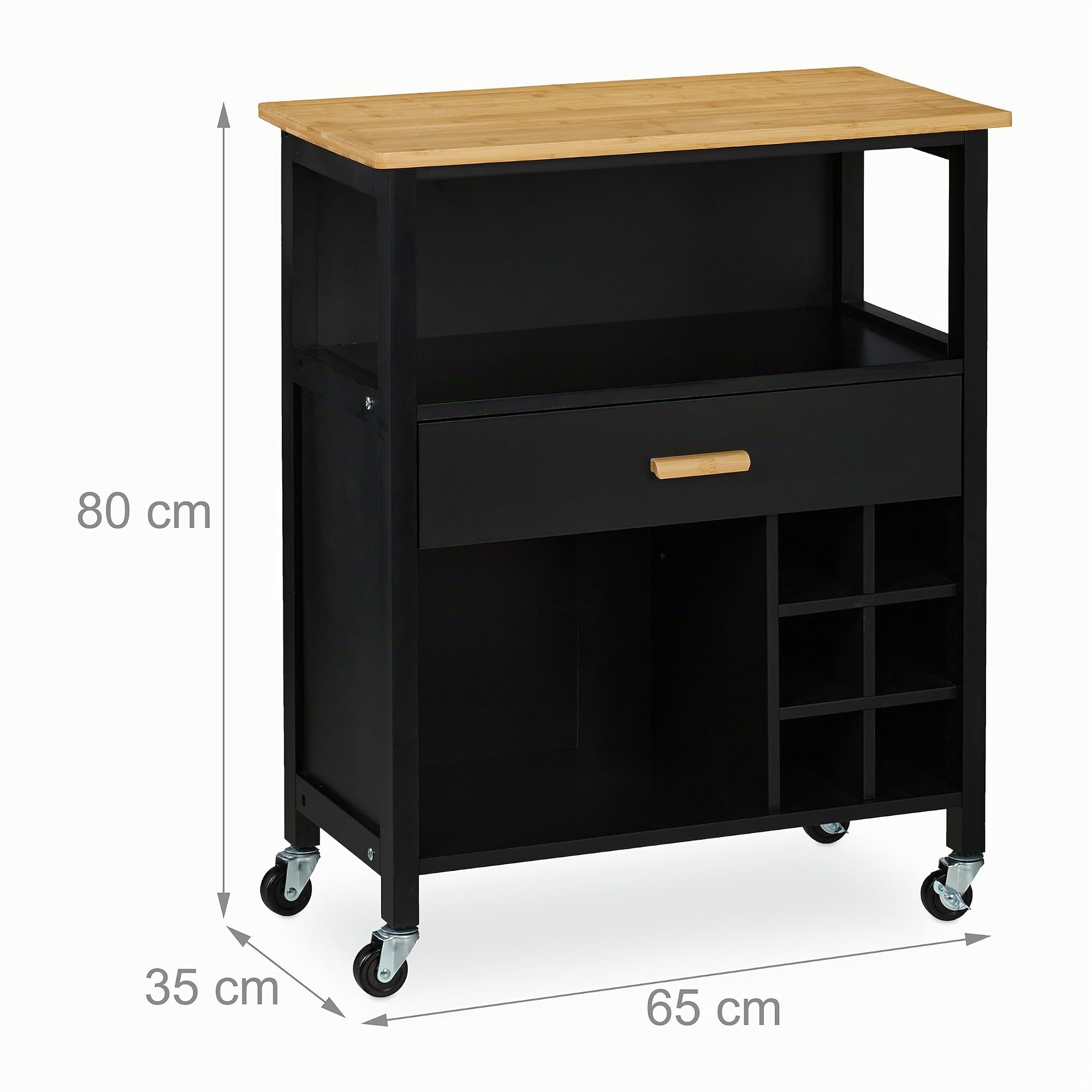 Relaxdays Carrello da Cucina, Isola a Ruote con Cassetto e Posto 6 Bottiglie, 2 Scomparti, 80x65x35 cm, bambù, MDF, Nero