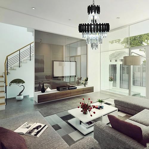 Miniatura 9 de Vimatto Candelabro moderno de cristal negro, estilo imperio, iluminación de 20.5 pulgadas, 11 luces, lámpara de cristal colgante de gota de lluvia