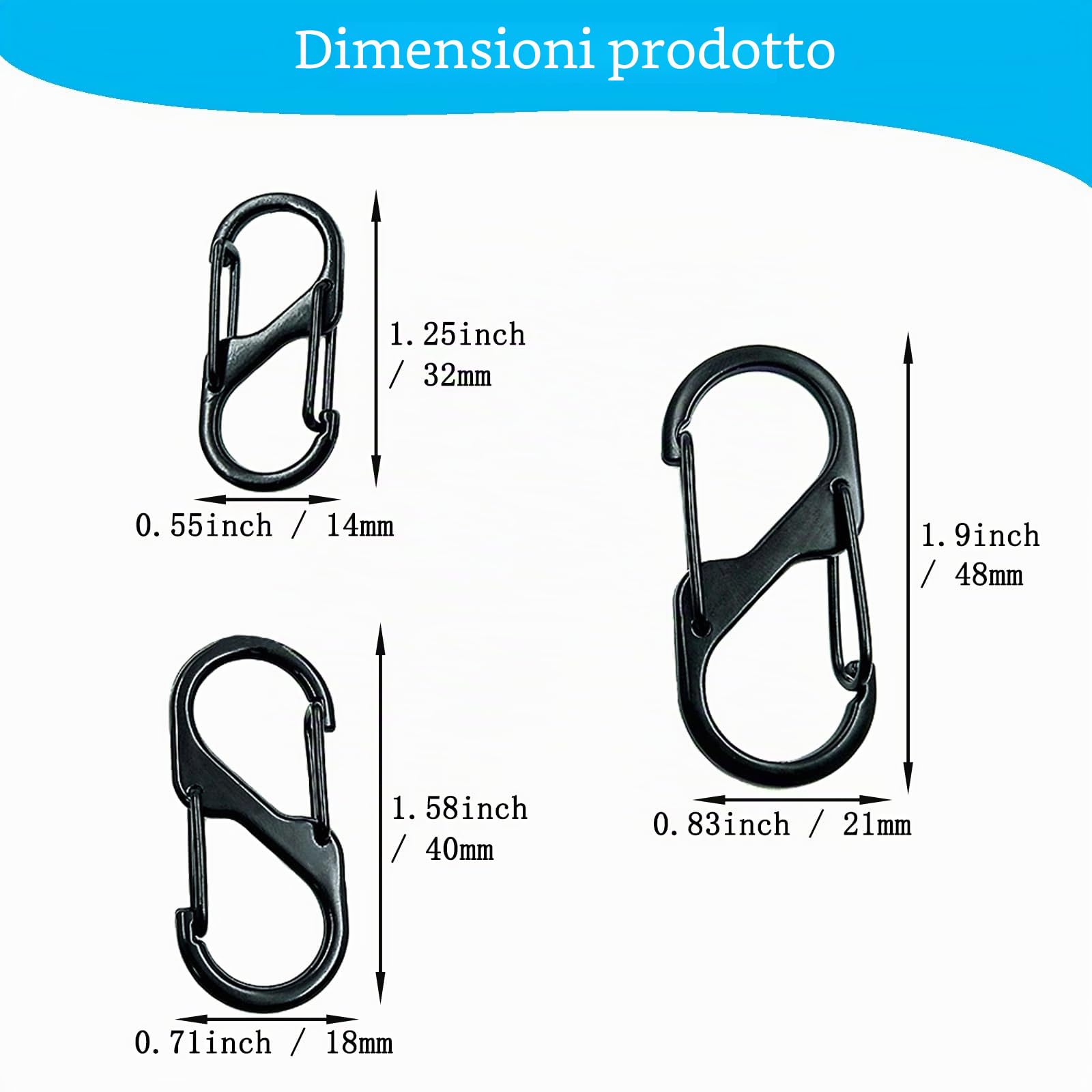 30 Pezzi Moschettone a Forma di S, 48/40/32 mm Portachiavi Piccolo a Doppia Molla, Clip a Molla in Metallo per Casa, Escursionismo, All'aperto, Pesca (Nero)