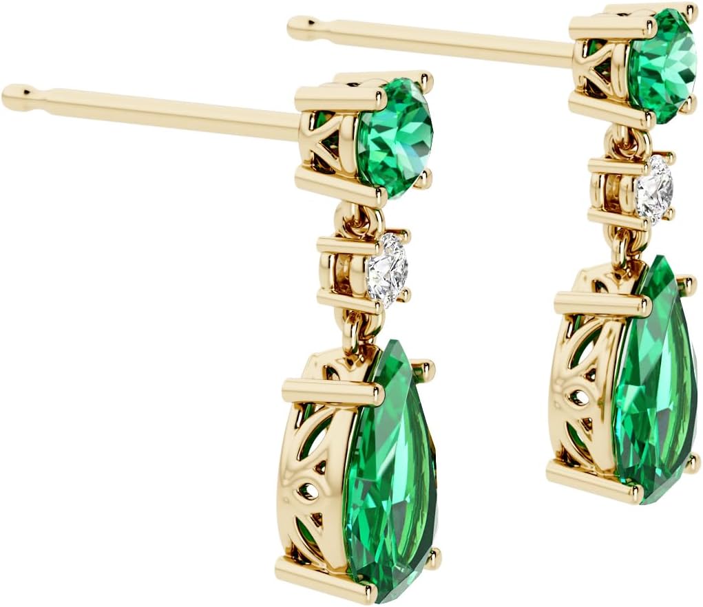 Peora 14K Yellow Gold Created Colombian Emerald and Lab Grown Diamond Drop Earrings, 3.10 Carats Total Pear Shape 9x6mm, Friction Backs, May Birthstone
