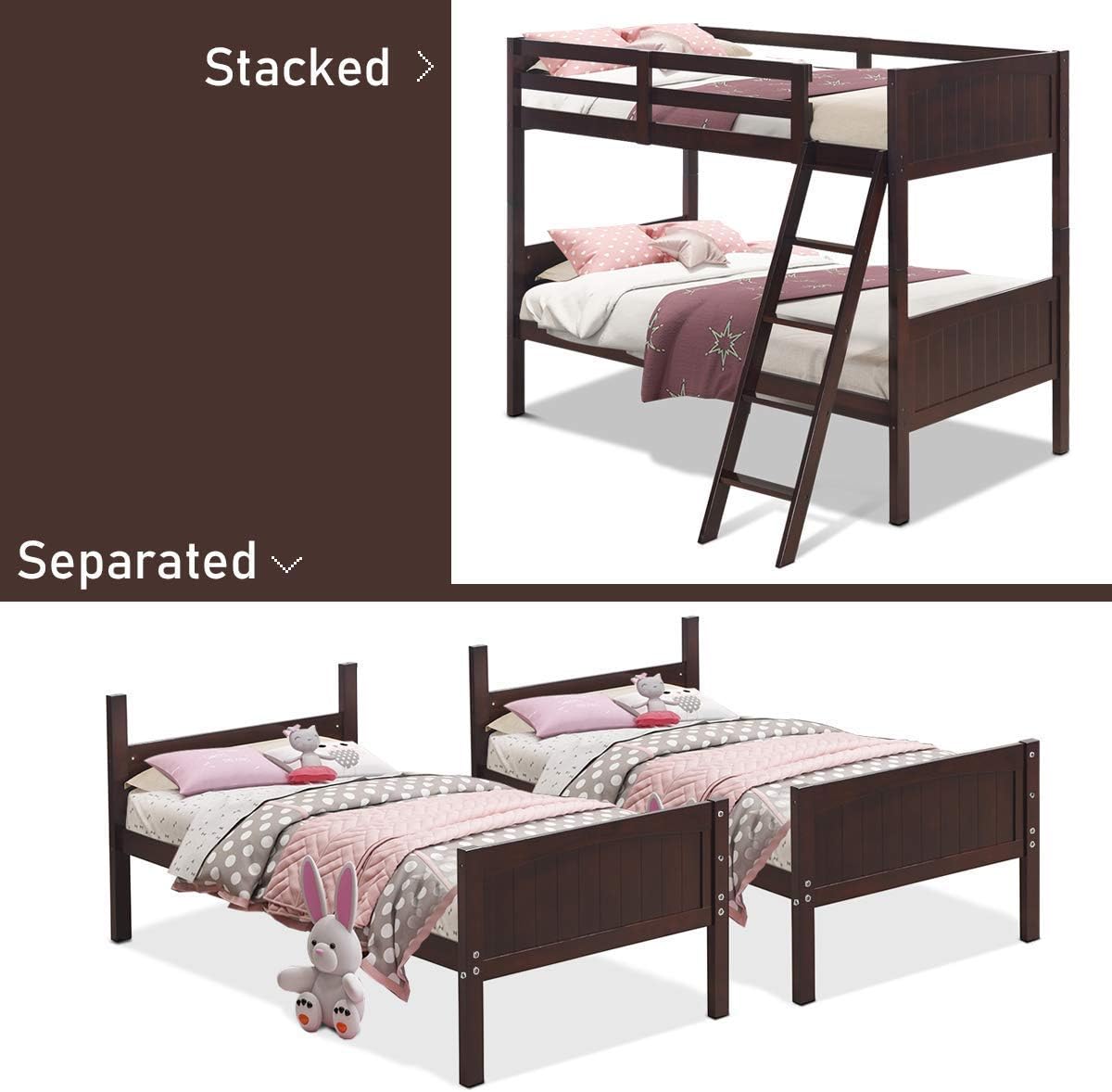 ReunionG Twin Bunk Beds with Ladder and Safety Rail, Rubber Wood Bunk Bed Convertible Into 2 Single Beds for Kid, Twin Over Sleeping Bed, Easy Assembly (Espresso)