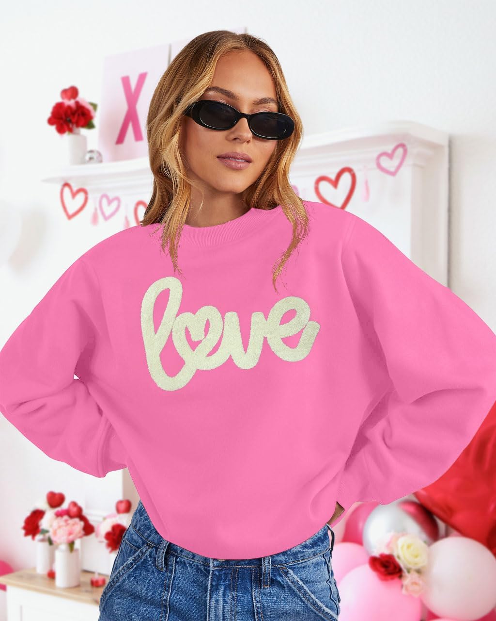 Valentines Sweatshirt Women: Love Chenille Pach Sweatshirts Valentines Shirt Love Heart Pullover Tops - Image 5