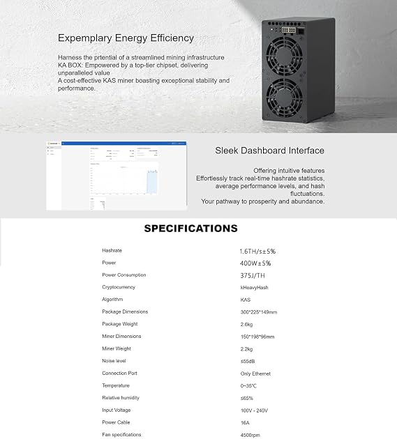 New Goldshell KA Box Pro 1.6Th/s Kaspa Miner 600W Crypto KAS Mining Machine ASIC Kaspa Miner Goldshell KAS Miner Box with 110V-240V PSU and Cord