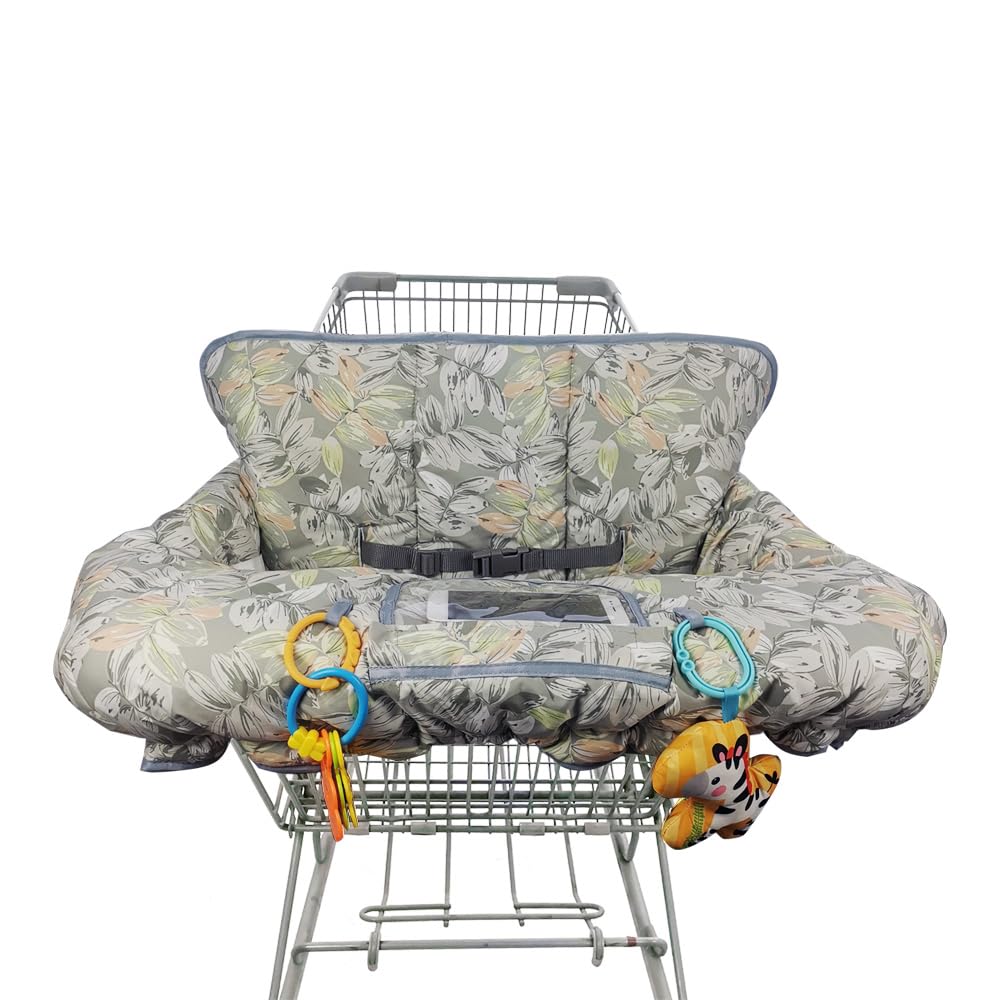 Shopping Cart Cover for Baby boy Girl, Multi-in-1 Cart Covers for Babies, Soft Padded Infant High Chair Cover, Machine Washable, Grocery cart seat Cushion Cover Grey Leaves