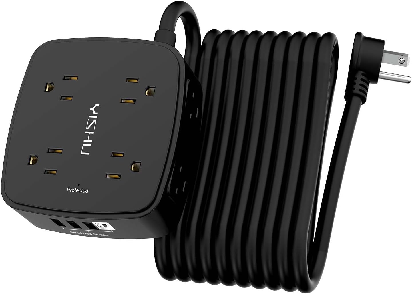 20 Ft Surge Protector Power Strip - 8 Widely Outlets with 4 USB Ports, 3 Side Outlet Extender with 20 Feet Extension Cord, Flat Plug, Wall Mount, Desk USB Charging Station, ETL, Black