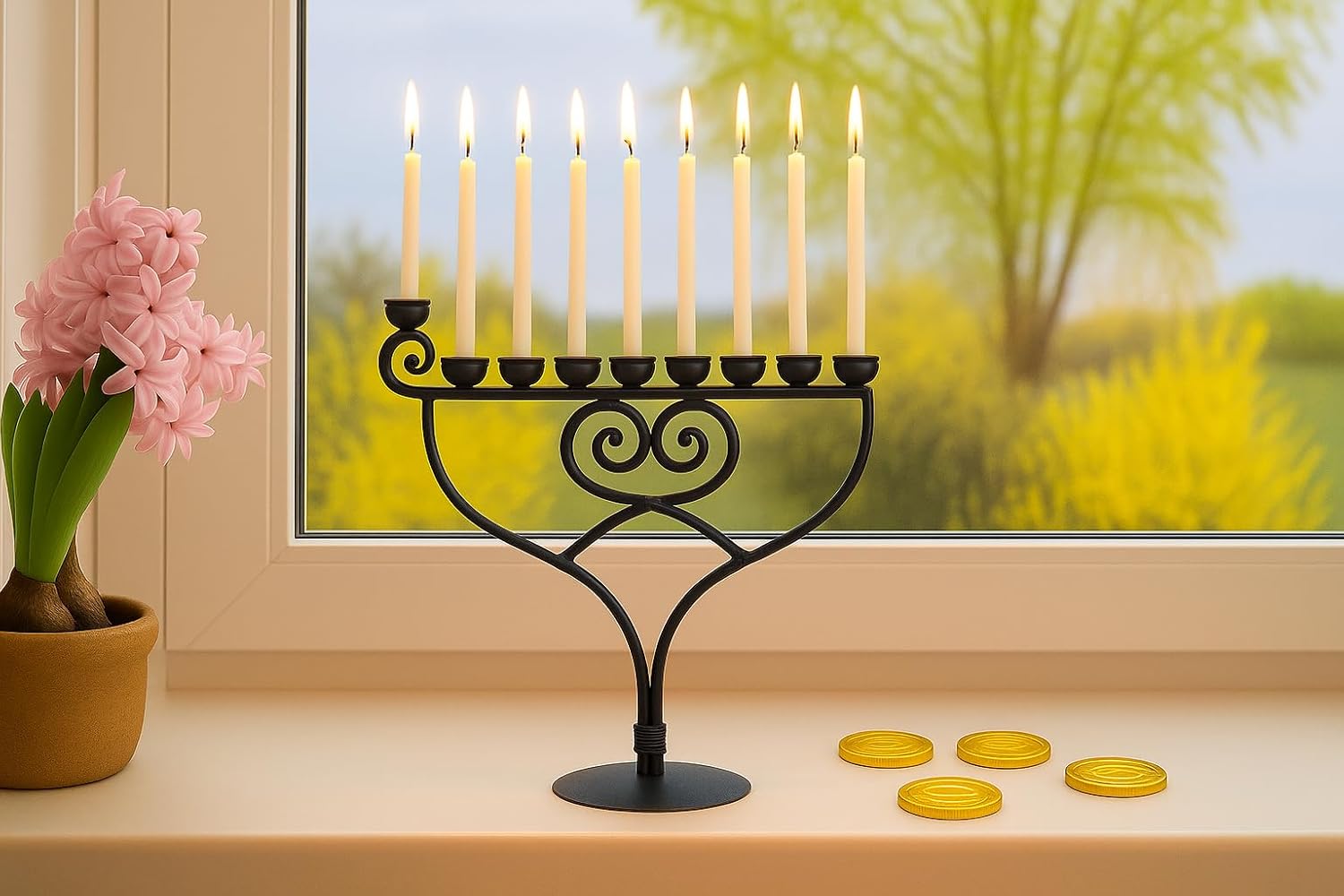 RTZEN Hanukkah Menorah 9 Branch - Large Wrought Iron Menorah Candle Holder - Handmade, Kosher, Fits Various Candle Sizes - Made to Last - Unique Black Menorahs for Chanukah
