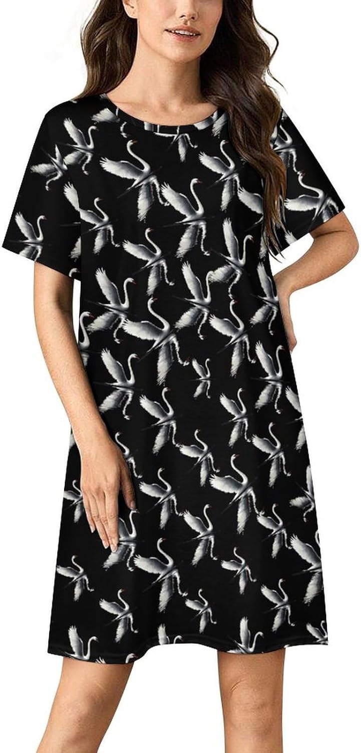 Graceful Swan In Water Nightgowns for Women Short Sleeve Sleep Dress Casual Sleepshirt Night Gowns Pajamas