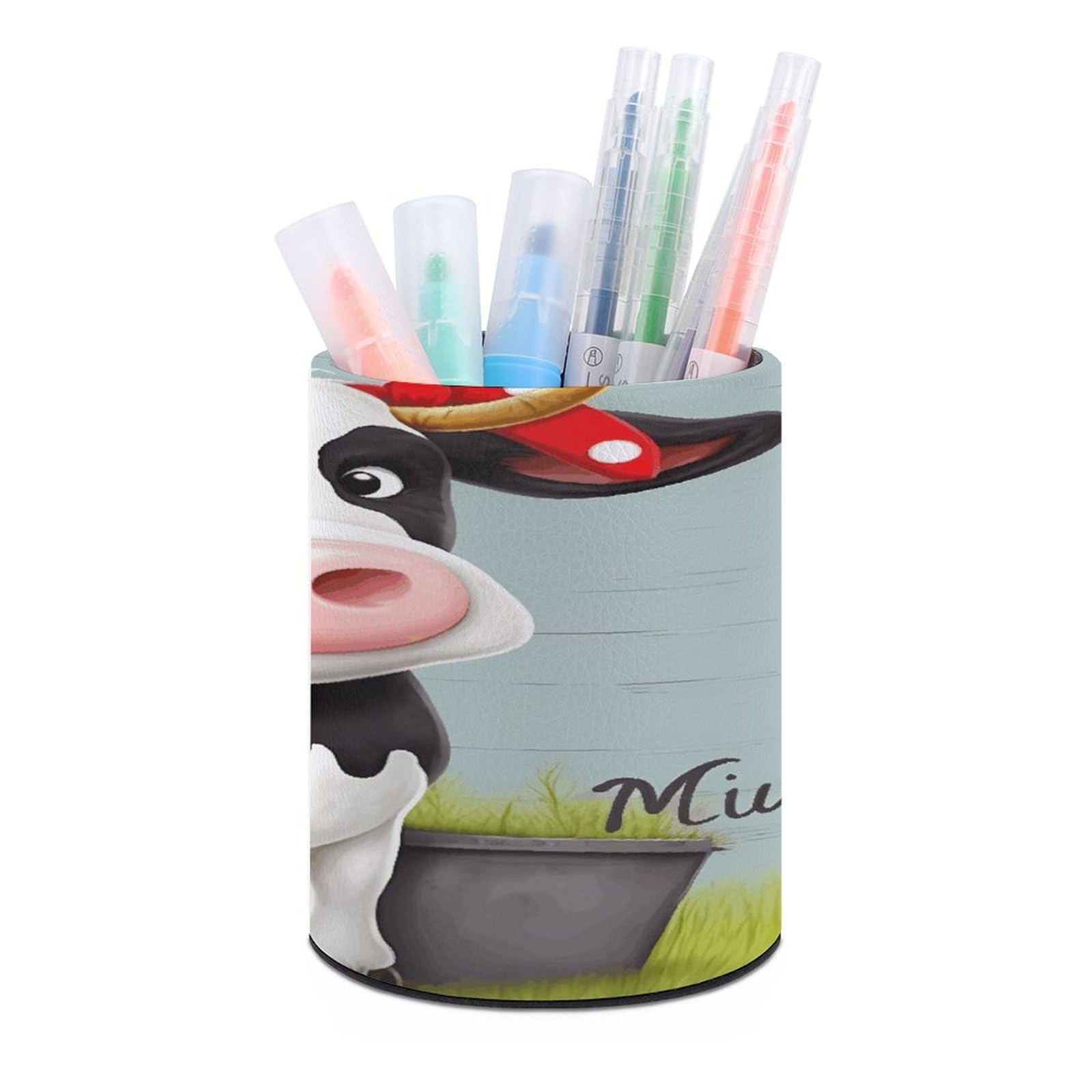 JTREHY Cute Cow Pen Holder Round Pen Pencil Holder Makeup Brush Holders Cup PU Leather Pencil Cups Desktop Caddy Stationery Organizer Case Office Accessories Container Box