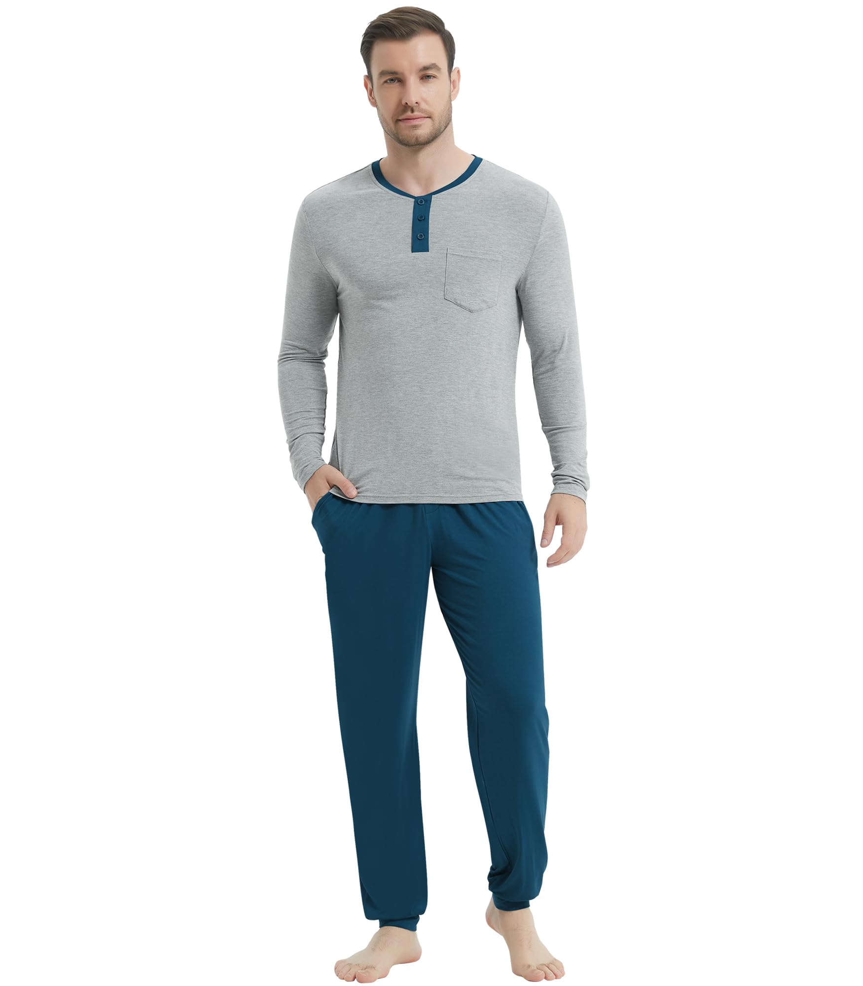 NACHILA Mens Pajamas Set Viscose Made from Bamboo Henley Top Sleep Pants