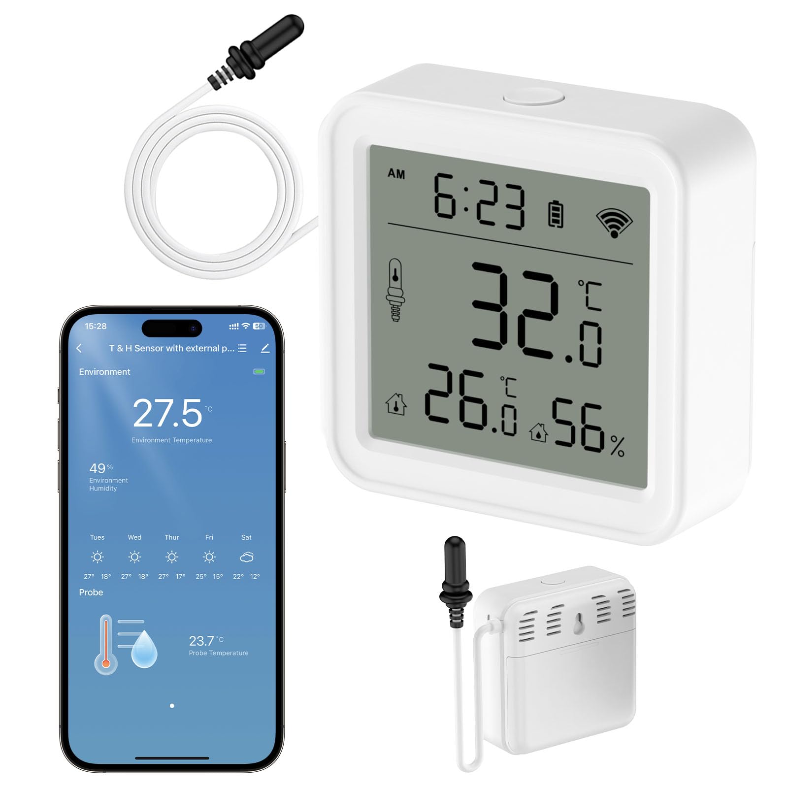 Termometro Digital Casa, Sensor Termometro Wifi App Alerta, Higrometro Digital interior, Exportación de Datos Gratis Monitor de Termometro para Nevera, Pecera, Acuarios