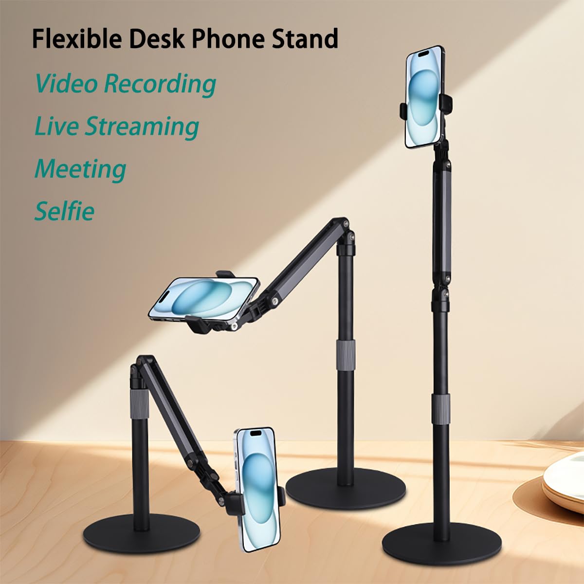 Soporte de teléfono resistente para grabación de video de escritorio para iPhone, con brazo de extensión, giro de 360°, para filmación, reuniones, cocina, pintura y manualidades