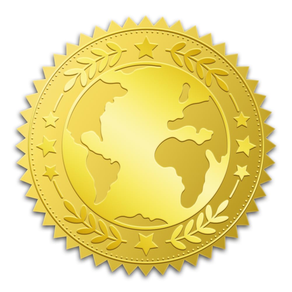 WADORN 100Pcs Earth Gold Foil Stickers, 2 Inch Earth Stars Envelopes Seals Earth Theme Self Adhesive Embossed Seal Labels for Certificate Invitations Greeting Card Diplomas Envelopes Gift Packaging — image 1