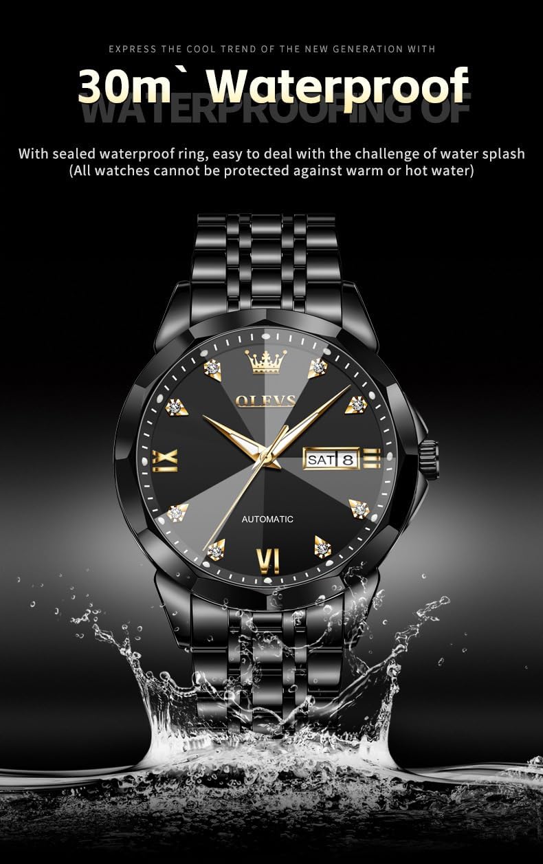 OLEVS Watch for Men Automatic Classic Mechanical Watch Diamond Mirror Stainless Steel Dress Casual Waterproof Day/Date Calendar - Image 4