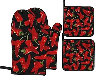 Chili Peppers Chili Oven Mitts and Pot Holders Sets of 4 High Heat Resistant Oven Mitts with Oven Gloves and Hot Pads Polyester Potholders for Kitchen Baking Grilling BBQ Non-Slip Cooking Mitts